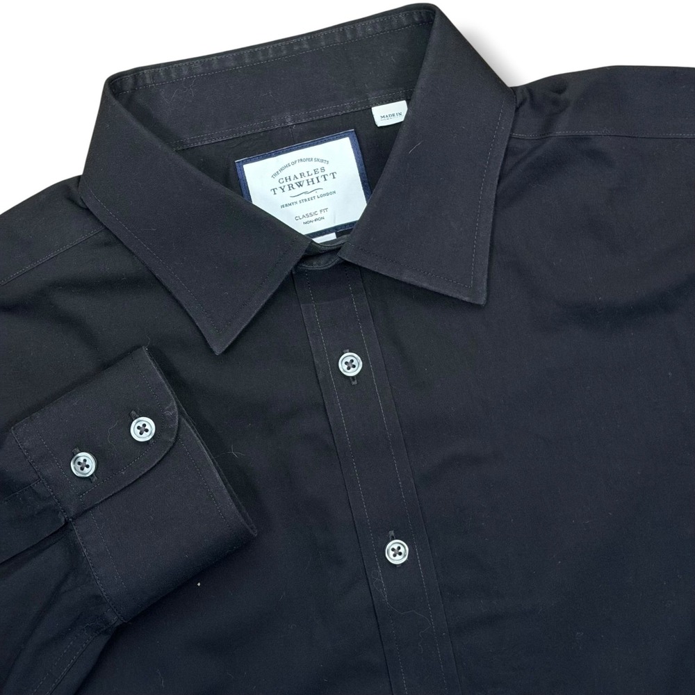 Charles Tyrwhitt Dress Shirt Mens 17/34 Black Classic Fit Cotton Non-Iron Solid